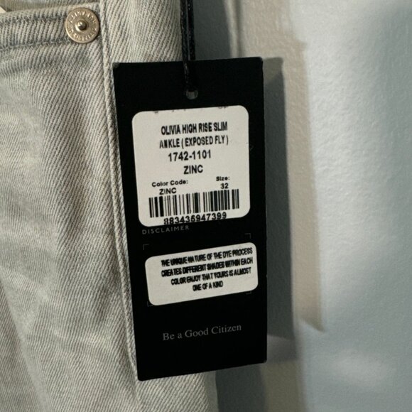NWT Citizens of Humanity Olivia High Rise Slim Ankle Jeans Light Zinc COH 32 - Picture 5 of 8
